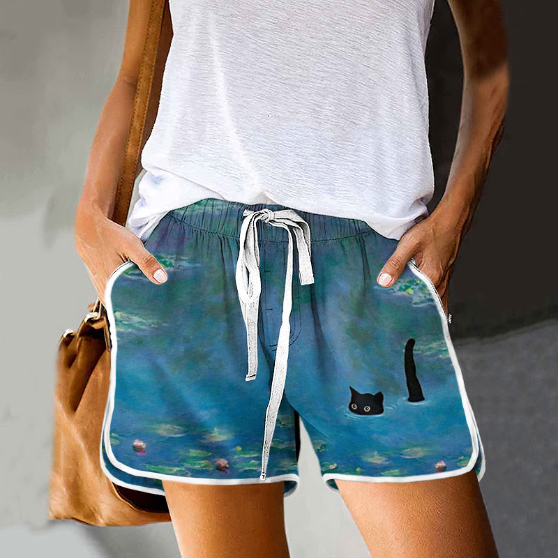 Dashingsoul Women's Oil Painting Cat Print Drawstring Pocket Shorts