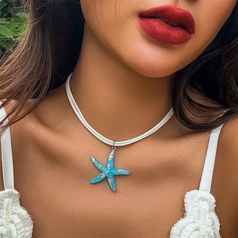 Dashingsoul Bohemian Rainbow Color Resin Pendant Starfish Multi-layered Necklace