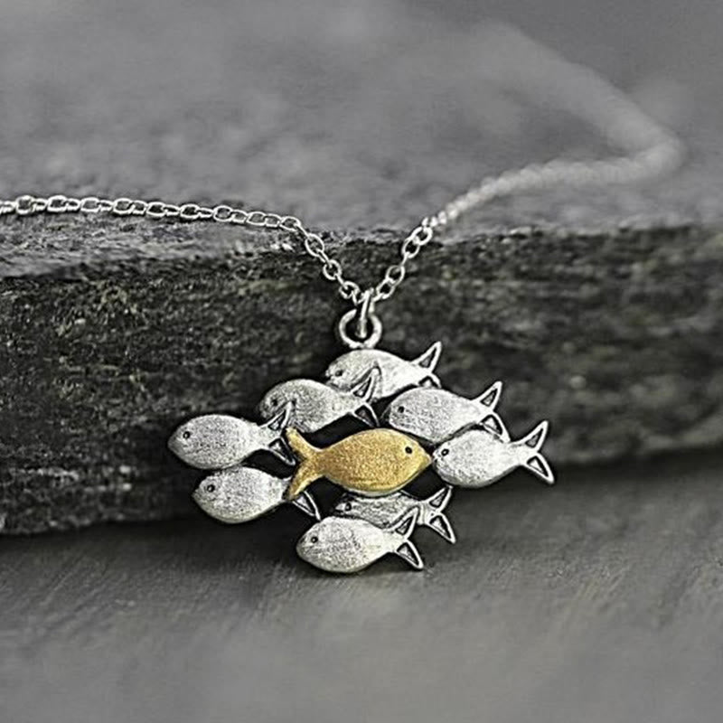 Dashingsoul School Of Fish With One Golden Enameled Fish Swimming Upstream Necklace