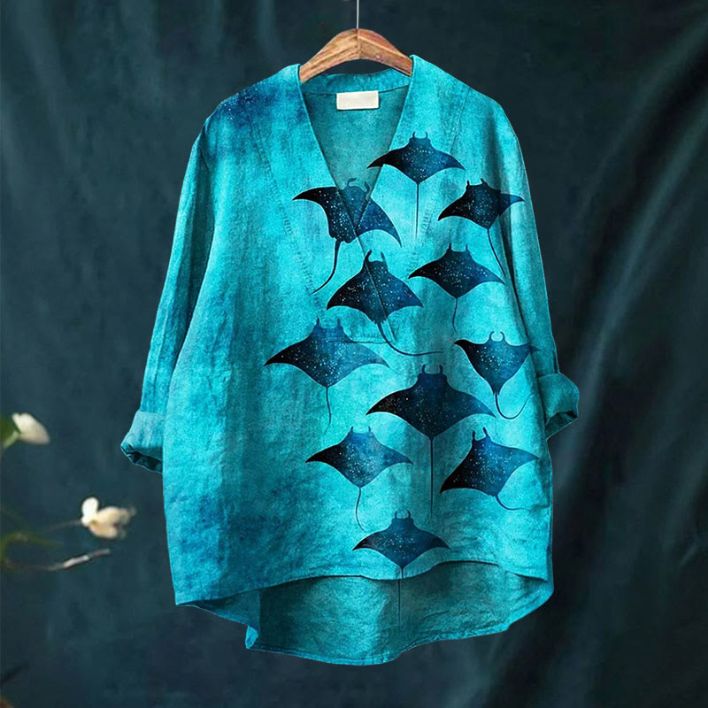Dashingsoul Manta Rays Art Printed Casual V-neck Shirt