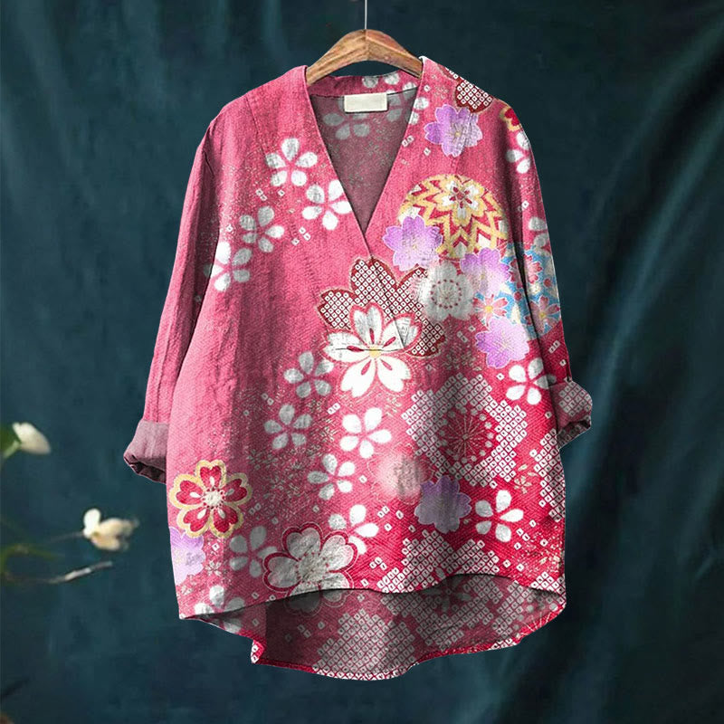 Dashingsoul Japanese Style Pink Cherry Blossom Art Printed Casual V-neck Shirt