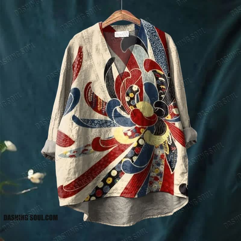Women's Creative Colorful Flower Pattern Printed Casual V-neck Blouse