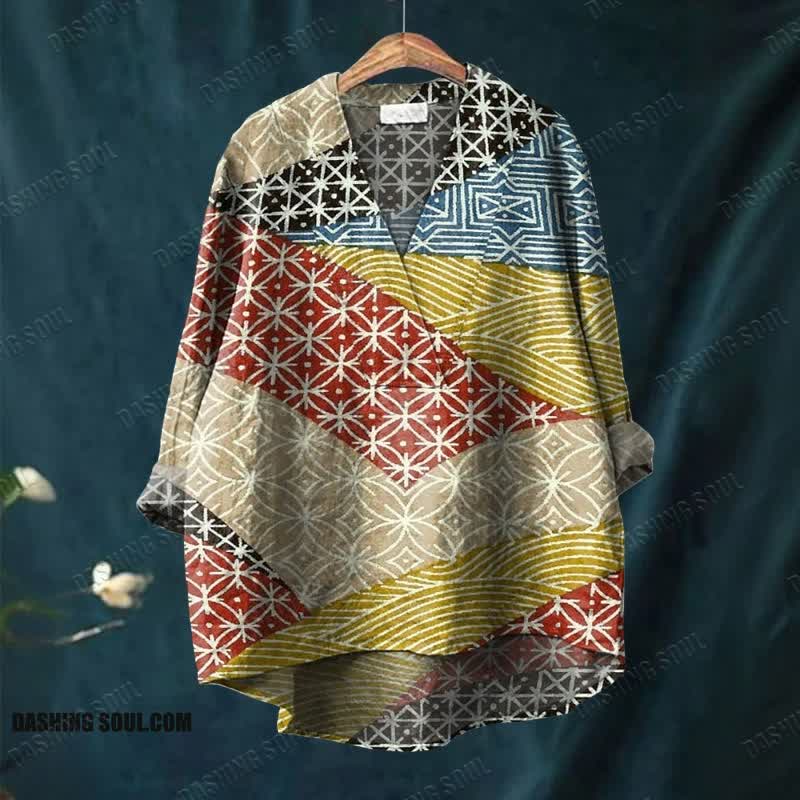 Women's Colorful Geometic Striped Pattern Printed Casual V-neck Blouse