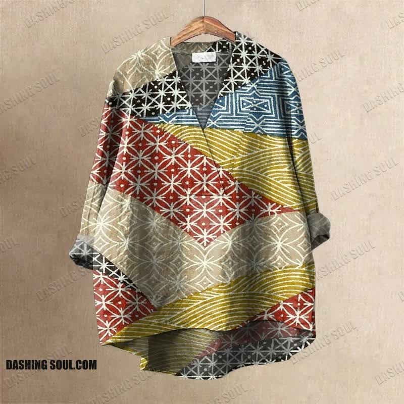 Women's Colorful Geometic Striped Pattern Printed Casual V-neck Blouse