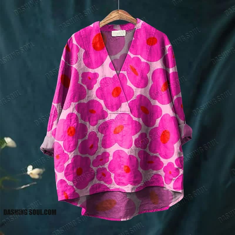Women's Watercolor Floral Art Printed Casual V-neck Blouse