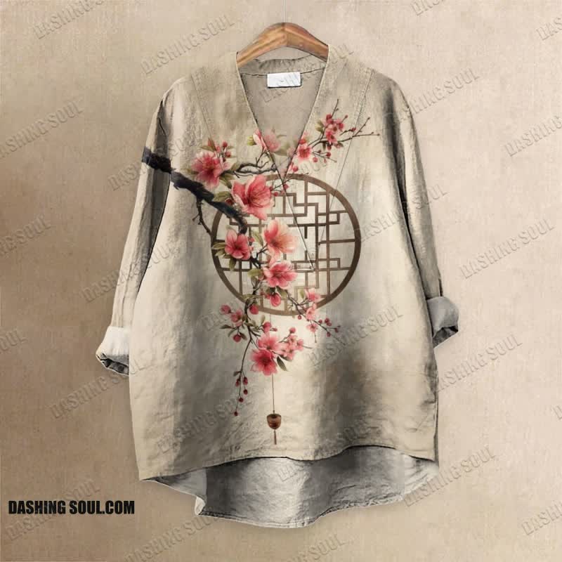 Women's Retro Plum Blossom Art Printed Casual V-neck Blouse