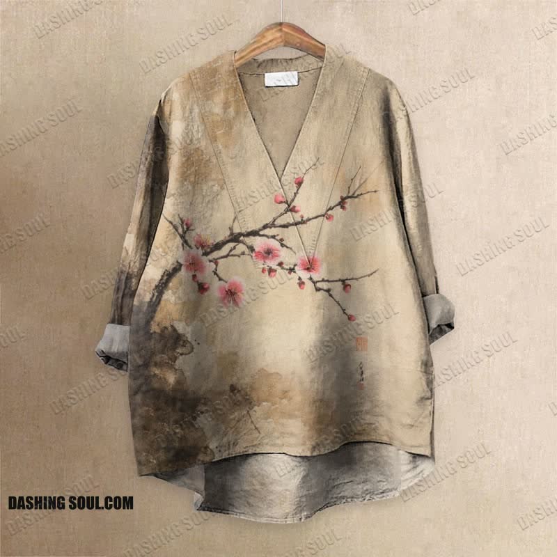Women's Japanese Retro Pinky Sakura Art Printed Casual V-neck Blouse