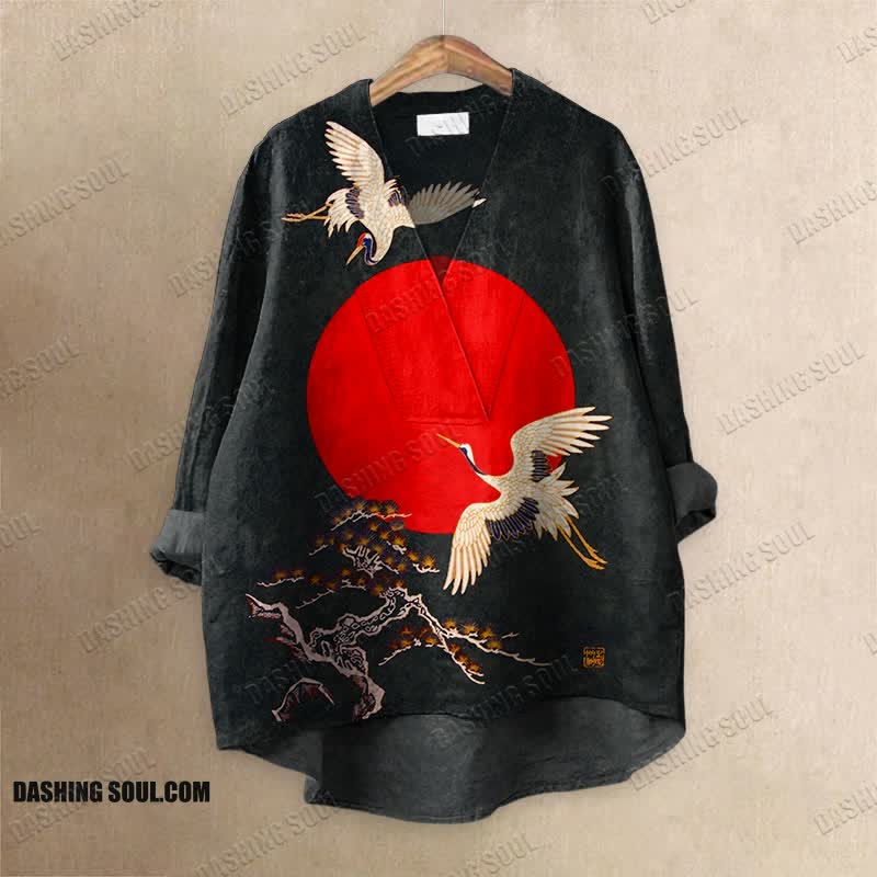 Cranes & Sunrise Japanese Art Vintage Printed Casual V-neck Blouse