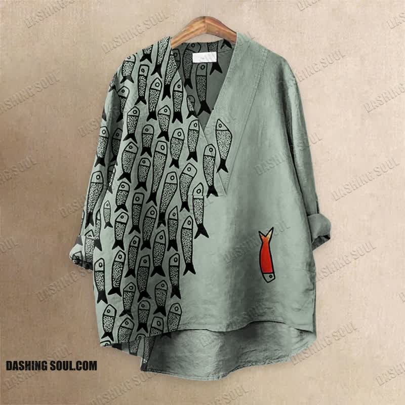 Cute Simple Lines Abstract Geometric Fish Art Printed Casual V-neck Blouse