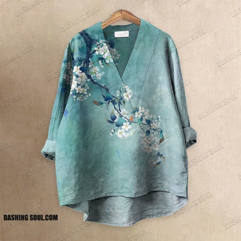 Japanese Antique Pear Blossom Ink Painting Printed Casual V-neck Blouse