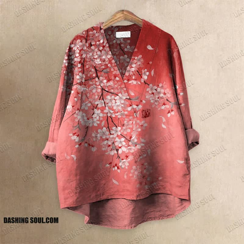 Cherry Blossom Full Moon Japanese Art Printed Casual V-neck Blouse