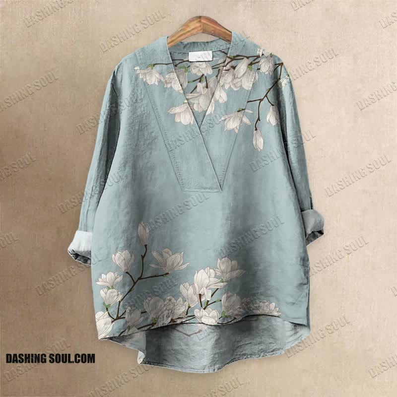 Vintage Floral Art Printed Casual V-neck Blouse