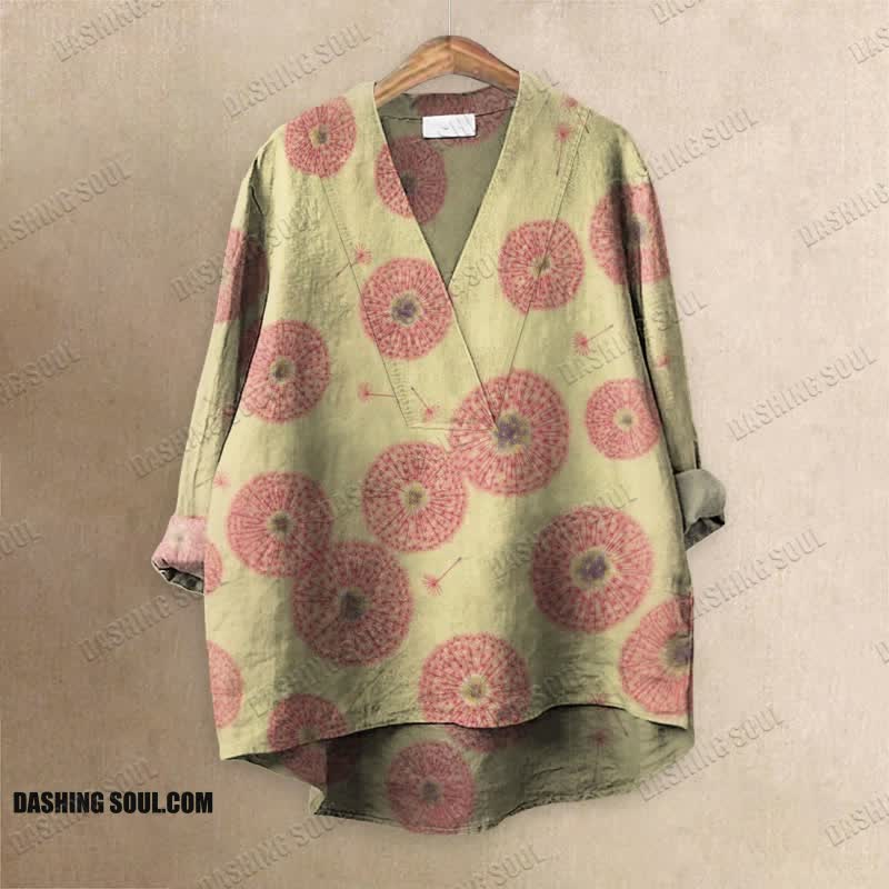 Retro Dandelion Art Printed Casual V-neck Blouse
