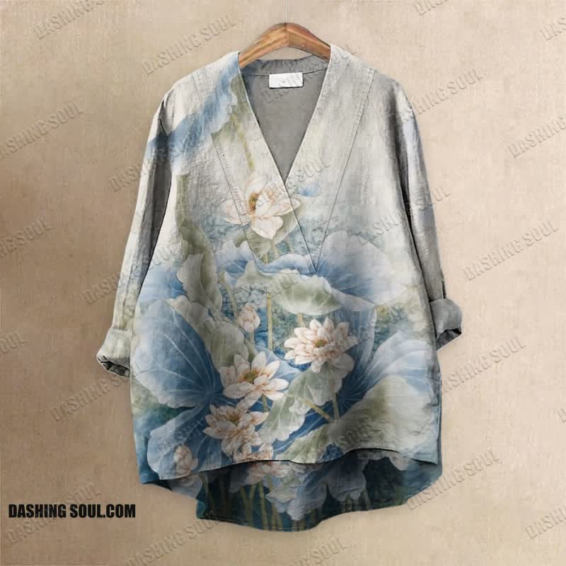 Vintage Lotus Art Printed Casual V-neck Blouse