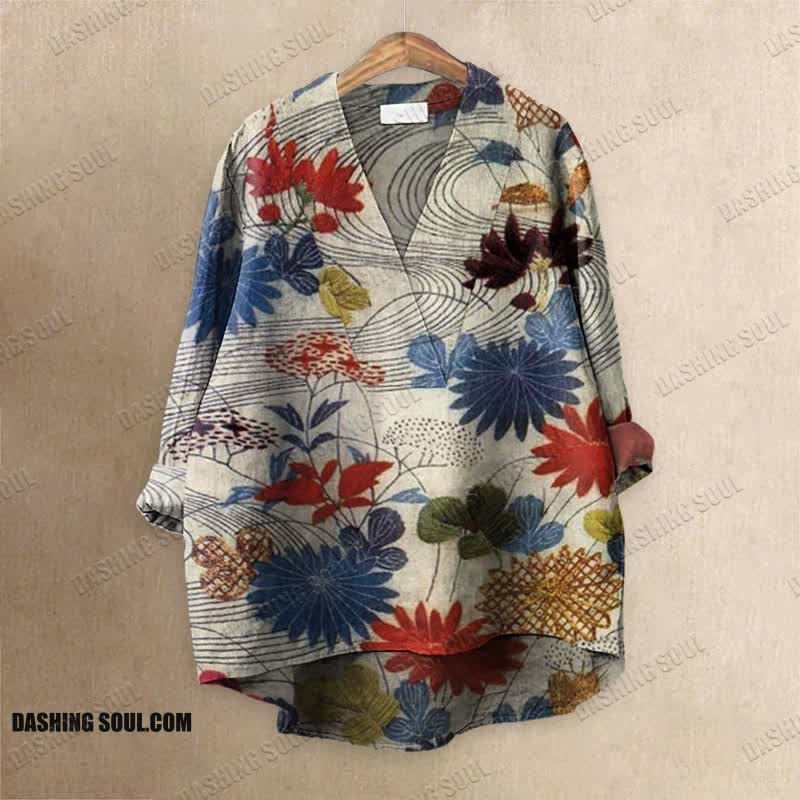 Retro Japanese Traditional Floral Art Printed Casual V-neck Blouse
