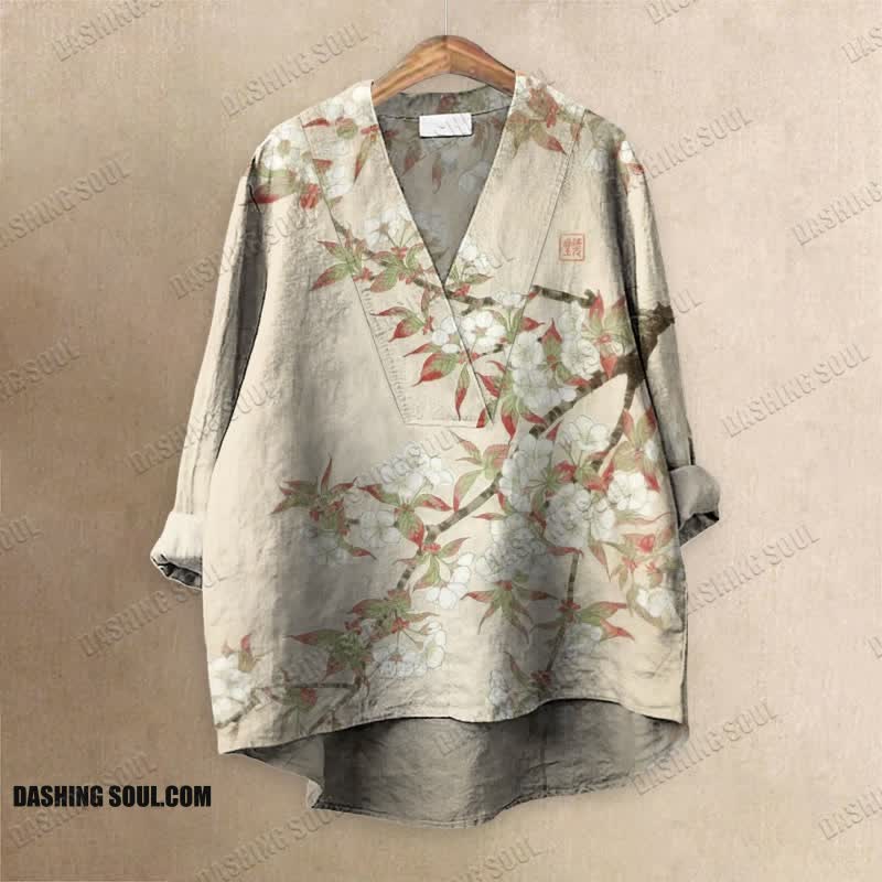 Retro Japanese Cherry Blossom Printed Casual V-neck Blouse