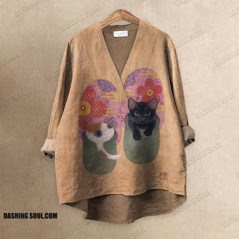 Retro Japanese Art Cat Hiding In Slippers Printed Casual V-neck Blouse