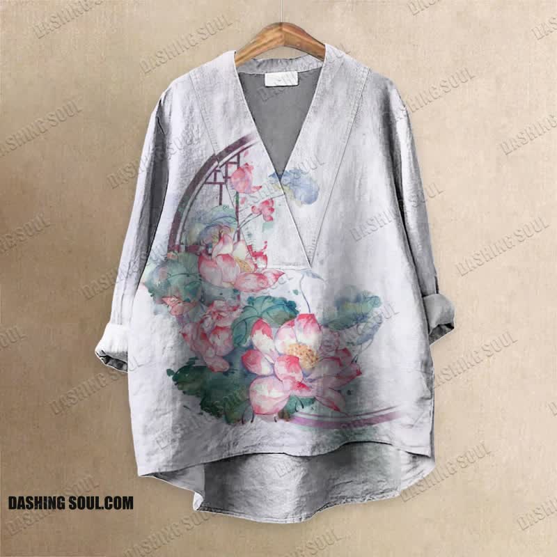 Japanese Ink Painting Lotus Printed Casual V-neck Blouse