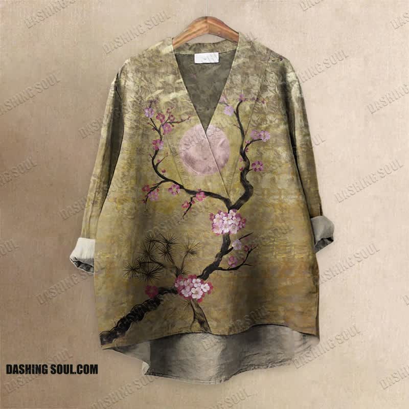 Japanese Plum Blossom Printed Casual V-neck Blouse