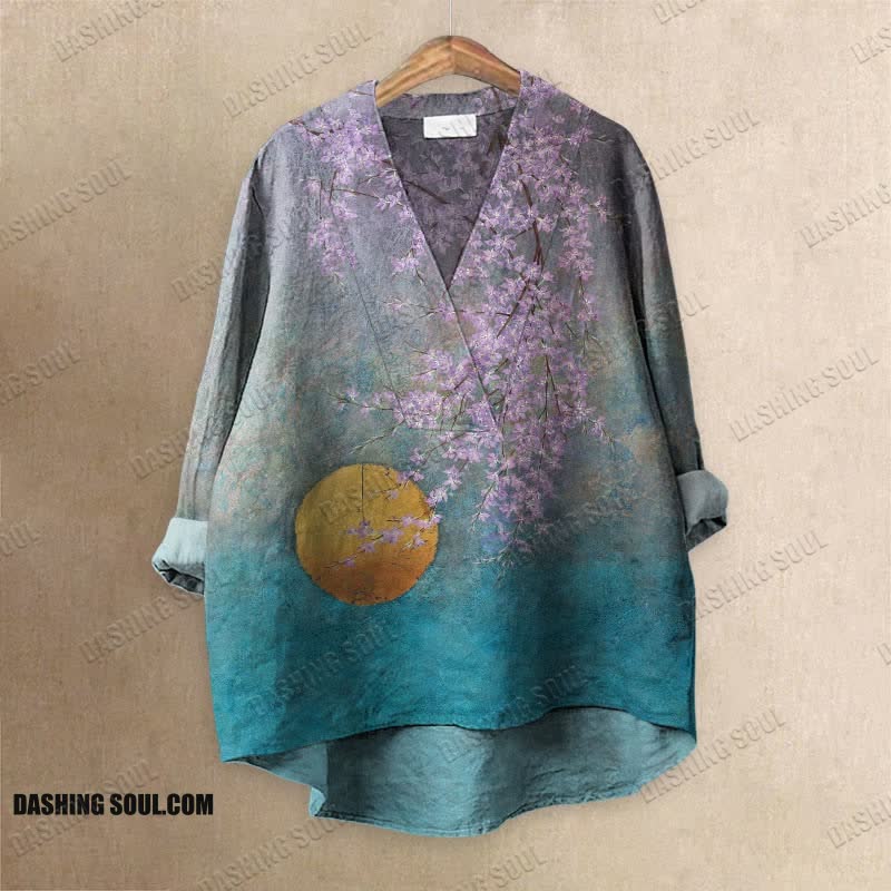 Japanese Antique Style Moon Flower Printed Casual V-neck Blouse