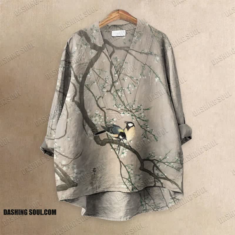 Women's Lovely Lark On Pear Tree Art Printed Casual V-neck Blouse