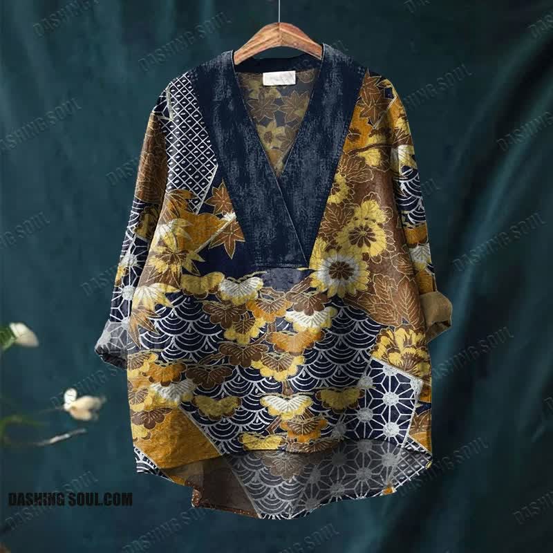Traditional Japanese Pine Grain And Various Pattern Printed Casual V-neck Shirt