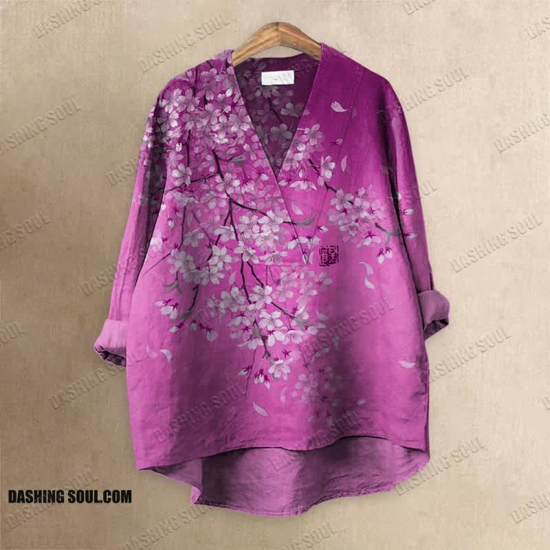 Cherry Blossom Full Moon Japanese Art Printed Casual V-neck Blouse