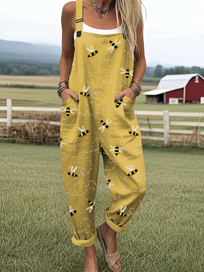 Women's Flying Bees Embroidery Pattern Casual Wide Leg Jumpsuit