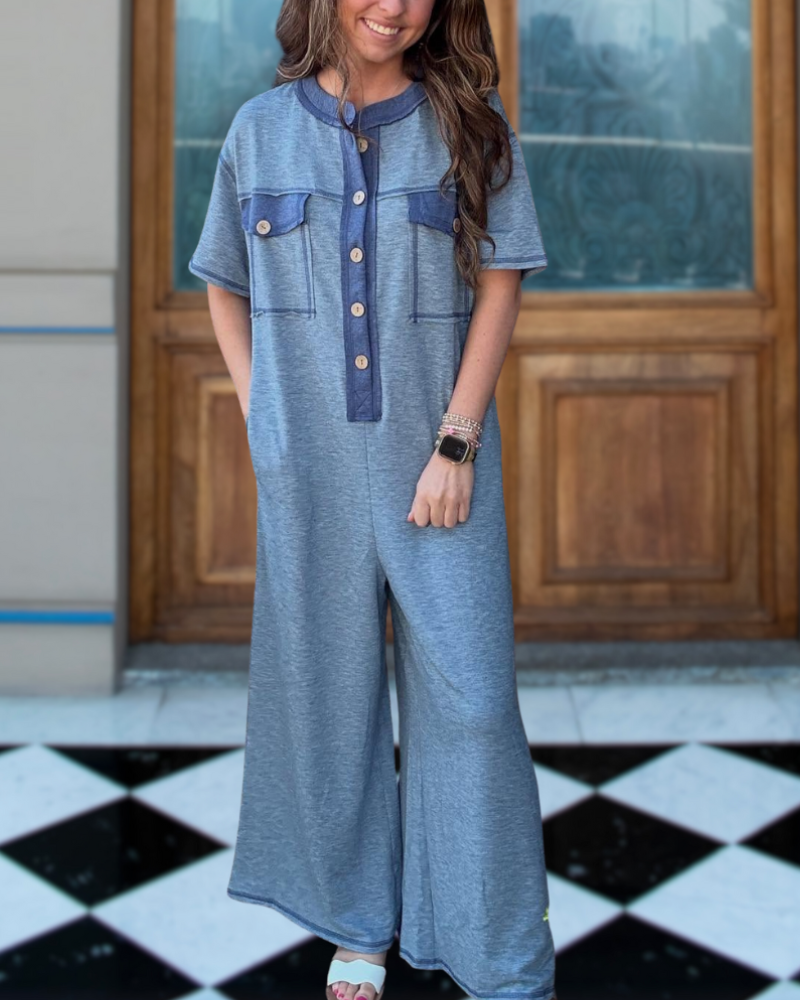 Colorblock Terry Pockets Jumpsuit