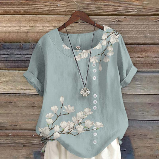 Dashingsoul Vintage Floral Art Print Short Sleeve Blouse