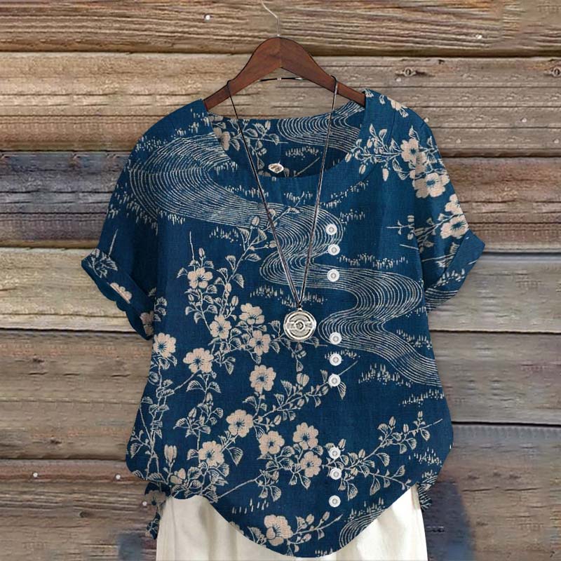 Dashingsoul Antique Japanese Style Floral Art Print Short Sleeve Blouse