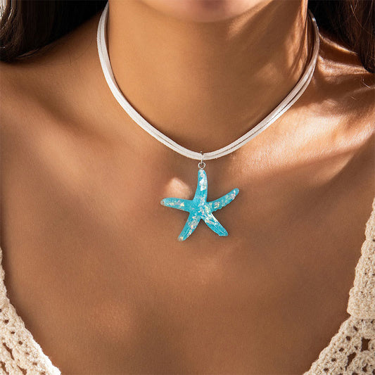 Dashingsoul Bohemian Rainbow Color Resin Pendant Starfish Multi-layered Necklace