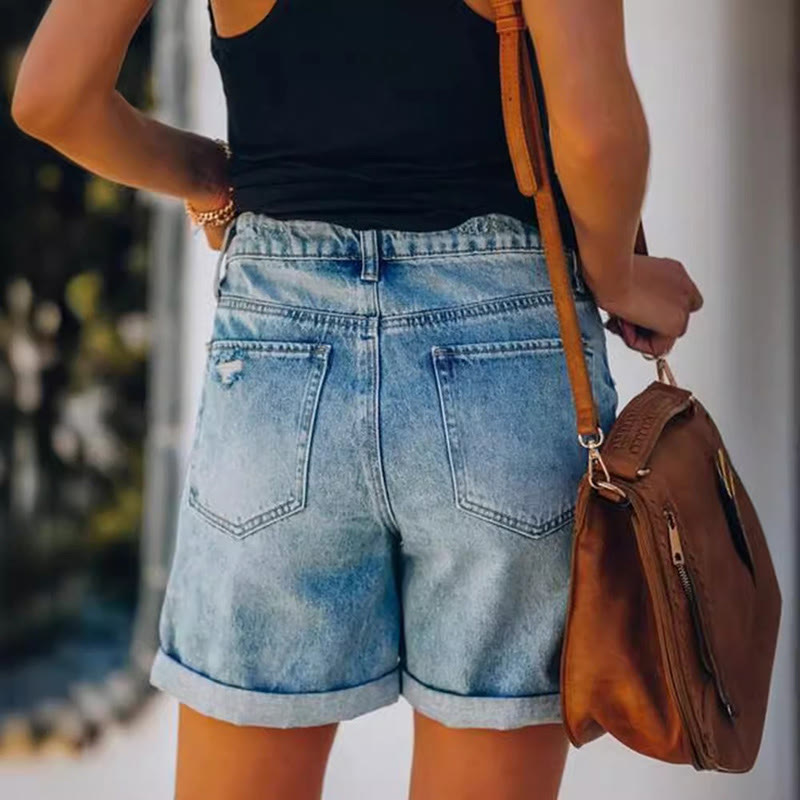 Dashingsoul Casual Ripped Hem High Waist A-line Denim Shorts