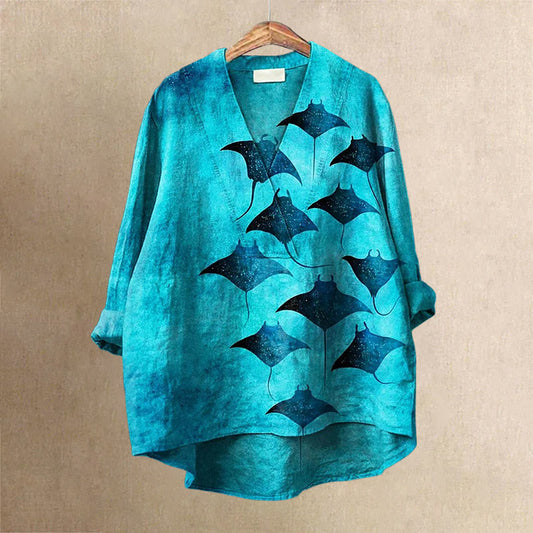 Dashingsoul Manta Rays Art Printed Casual V-neck Shirt