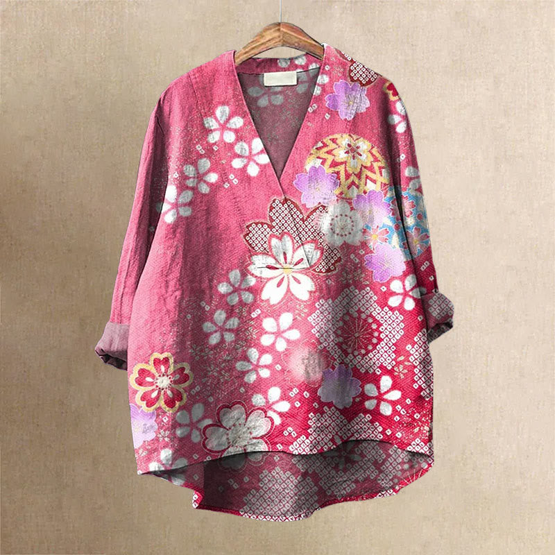 Dashingsoul Japanese Style Pink Cherry Blossom Art Printed Casual V-neck Shirt