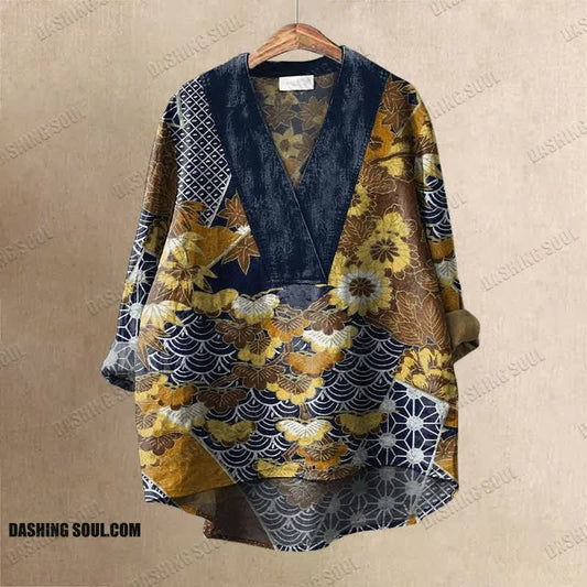 Traditional Japanese Pine Grain And Various Pattern Printed Casual V-neck Shirt