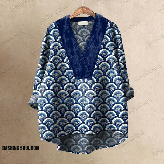 Japanese Traditional Style Printed Casual V-neck Shirt
