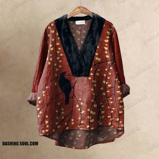 Japanese Style Flower Branch And Black Bird Printed Casual V-neck Shirt