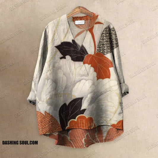 Women's Japanese Colored Leaves Art Printed Casual V-neck Blouse