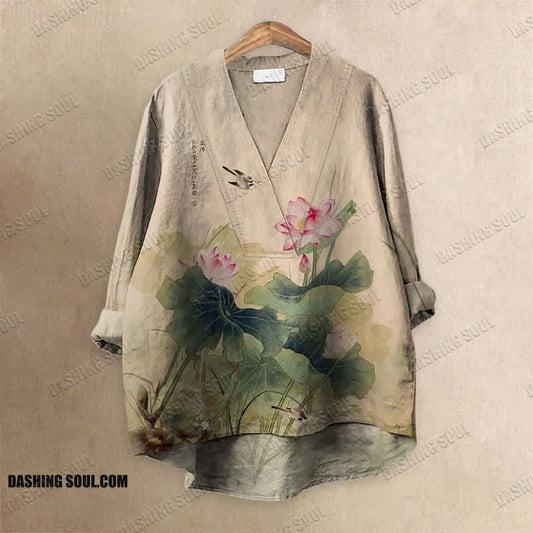 Women's Japanese Vintage Lotus Art Printed Casual V-neck Blouse