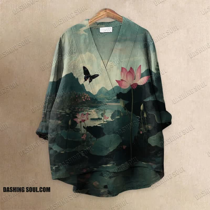 Women's Lovely Butterfly With Lotus Pond Printed Casual V-neck Blouse