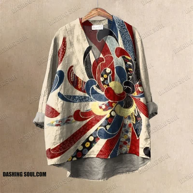 Women's Creative Colorful Flower Pattern Printed Casual V-neck Blouse