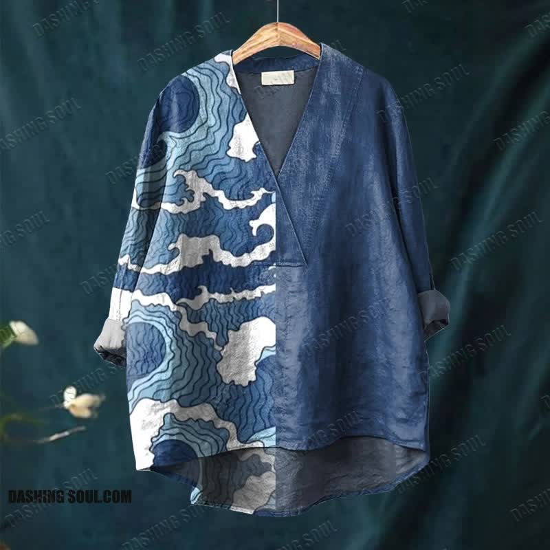 Women's Abstract Cloudy Wave Art Printed Casual V-neck Blouse