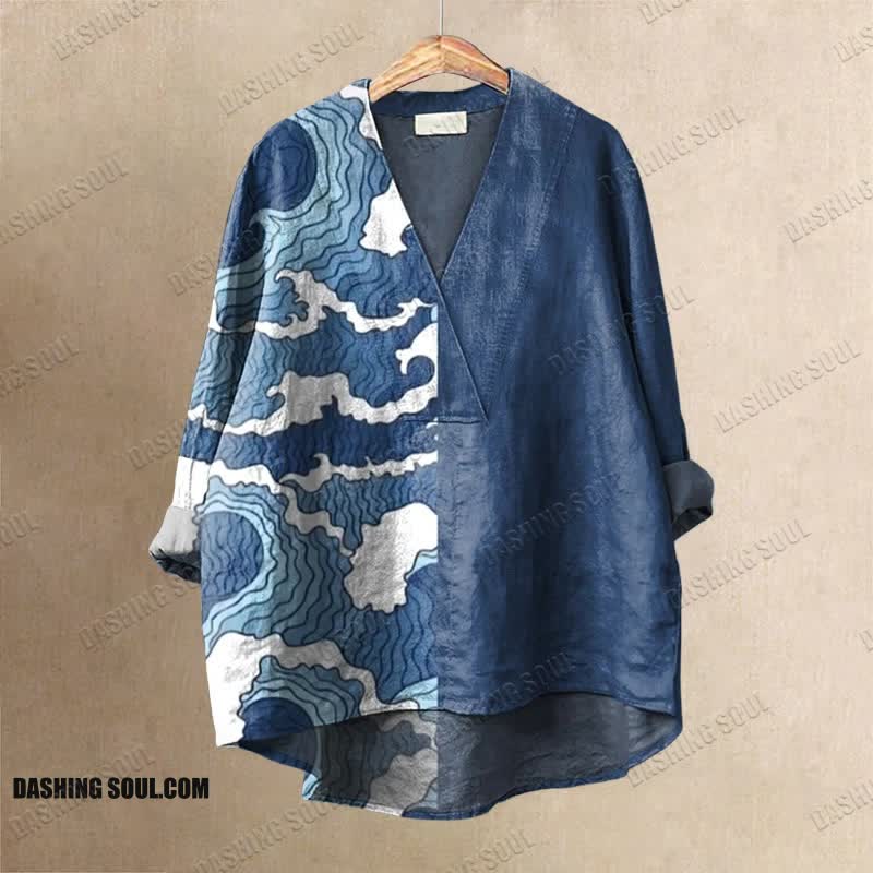 Women's Abstract Cloudy Wave Art Printed Casual V-neck Blouse