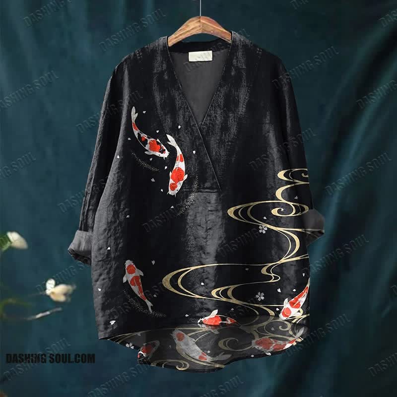 Women's Lovely Goldfish Floral Art Printed Casual V-neck Blouse