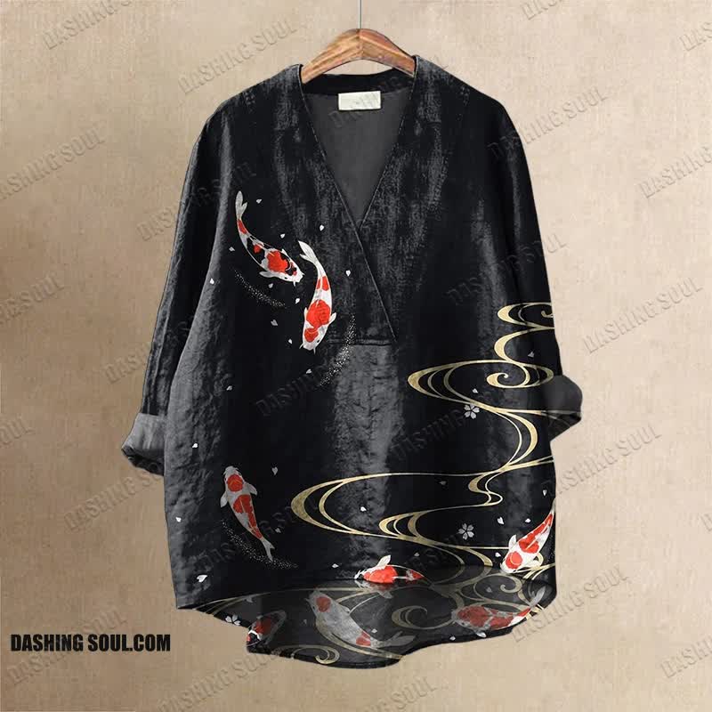 Women's Lovely Goldfish Floral Art Printed Casual V-neck Blouse