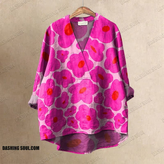 Women's Watercolor Floral Art Printed Casual V-neck Blouse
