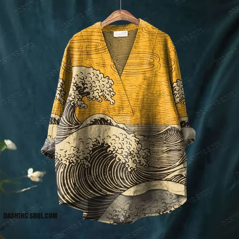 Women's Creative Wave Pattern Printed Casual V-neck Blouse