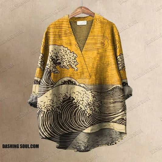 Women's Creative Wave Pattern Printed Casual V-neck Blouse