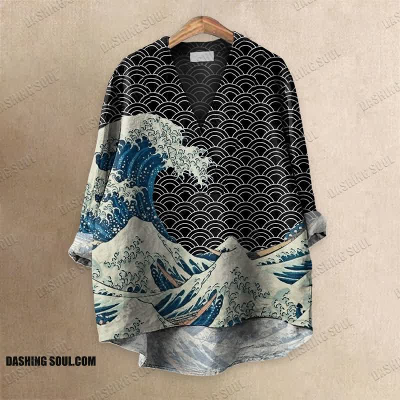 The Great Wave Off Kanagawa Inspired Japanese Art Print Casual V-neck Blouse